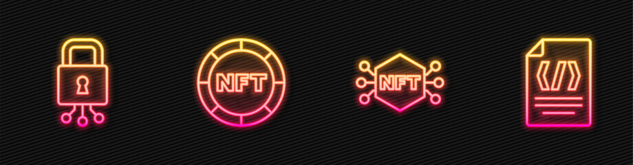 Set line NFT Digital crypto art, Cyber security, and Binary code. Glowing neon icon. Vector