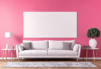 Design interior with mockup frame on pink wall