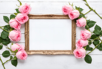 Pink rose flowers with photo frame for text