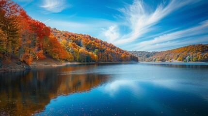 Fototapeta premium Autumn dam landscape with colorful foliage on the surrounding hills, calm reservoir waters, and a crisp blue sky, creating a picturesque and vibrant scene 