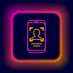 Glowing neon line Mobile phone and face recognition icon isolated on black background. Face identification scanner icon. Facial id. Cyber security. Colorful outline concept. Vector