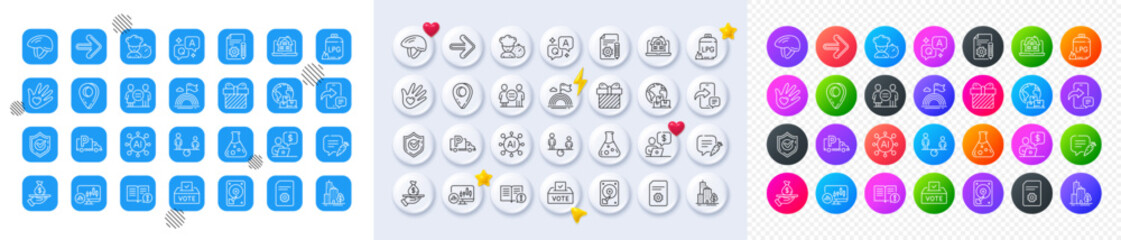 Equality, Equity and Chemistry lab line icons. Square, Gradient, Pin 3d buttons. AI, QA and map pin icons. Pack of Documentation, Chef, Gas cylinder icon. Vector