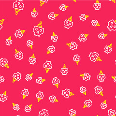 Line Burning candle on a skull icon isolated seamless pattern on red background. Day of dead. Vector