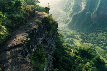 Panoramic view of a rugged cliffside with lush greenery clinging to the rocks, and a winding path leading to a breathtaking viewpoint over a vast valley 