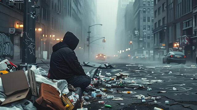 A solitary figure sits huddled on a grimy city street amidst trash, depicting urban poverty and homelessness