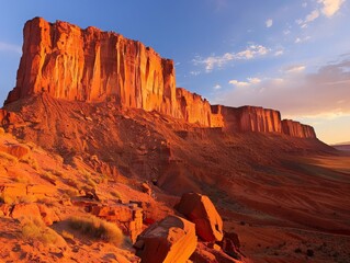 Towering sandstone cliffs illuminated by the warm glow of the setting sun, casting long shadows over the arid desert landscape below 