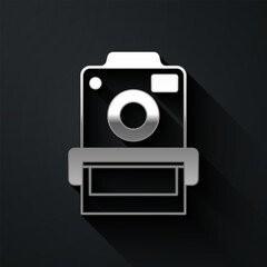 Silver Photo camera icon isolated on black background. Foto camera. Digital photography. Long shadow style. Vector