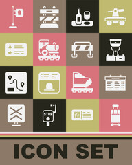 Set Suitcase, Train station board, conductor, Wine bottle with glass, Vintage locomotive, Road traffic signpost, Cafe and restaurant location and barrier icon. Vector