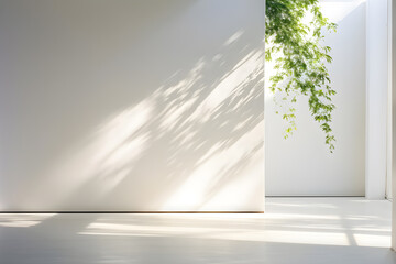 Serene room with sunlight casting delicate leaf patterns on white walls—perfect for calm backgrounds