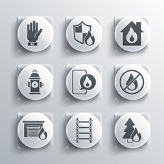 Set Fire escape, Burning forest tree, No fire, Phone with emergency call 911, burning garage, hydrant, Firefighter gloves and house icon. Vector