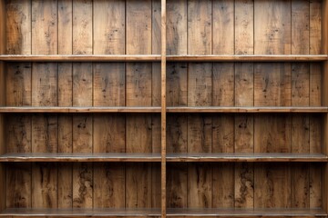 Empty rustic wooden bookshelf with a natural finish, featuring multiple shelves and a textured backdrop, ideal for various storage needs.