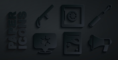 Set Plastic bag of drug, Telescopic baton, Hexagram sheriff, Megaphone, Safe and Police rubber icon. Vector