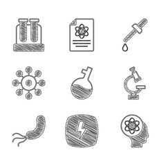 Set Test tube, Lightning bolt, Atom, Microscope, Bacteria, Virus, Pipette and icon. Vector