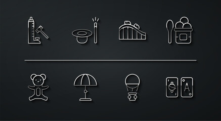 Set line Striker attraction with hammer, Teddy bear plush toy, Ice cream in bowl, Hot air balloon, Sun protective umbrella, Magic hat and wand, Tarot cards and Roller coaster icon. Vector