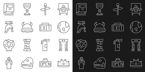 Set line King crown, Metal detector, Earth globe, Road traffic signpost, Viking horned helmet, Roman army, History book and Exit icon. Vector