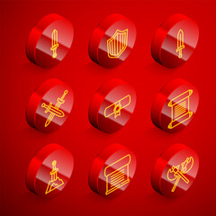 Set line Medieval sword, Shield, Crossed medieval, Decree, parchment, scroll, Sword in the stone and icon. Vector