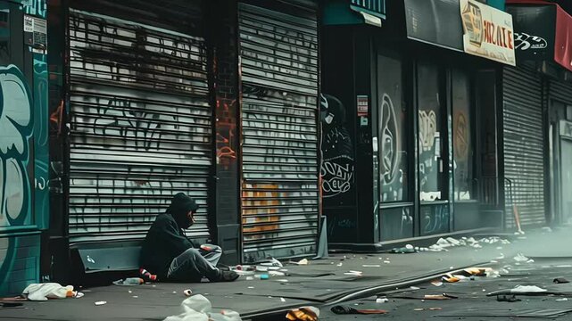 A solitary figure sits huddled on a grimy city street amidst trash, depicting urban poverty and homelessness