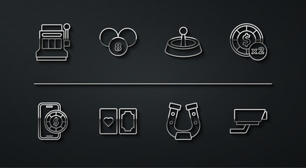 Set line Slot machine, Online poker table game, Casino chips, Horseshoe, Deck of playing cards, Lottery ball on bingo, Security camera and roulette wheel icon. Vector