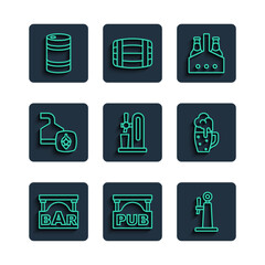 Set line Street signboard with Bar, Pub, Beer tap, Pack of beer bottles, glass, brewing process, Metal keg and Glass icon. Vector