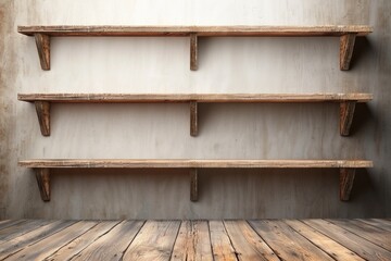 Empty rustic wooden shelves on a wooden wall, perfect for displaying products, books, or decor in a cozy, natural setting. Great for interior design.