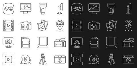 Set line Movie clapper, Cinema camera, Camera shutter, Photo flash, film roll cartridge, frame 4 and icon. Vector