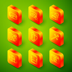 Set line Photo frame, retouching, Cinema camera, Camera film roll cartridge, Film reel and SD card icon. Vector