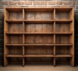 Empty wooden bookshelf in front of a brick wall, highlighting rustic interior design and versatile storage solutions.
