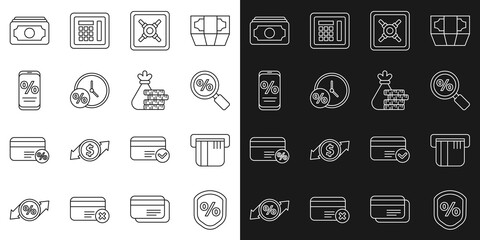 Set line Loan percent, Credit card, Magnifying glass with, Safe, Clock and, Percent discount mobile, Stacks paper money cash and Money bag coin icon. Vector