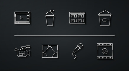 Set line Online play video, Cinema camera, Popcorn box, Microphone, Curtain, Paper glass with straw, Play Video and icon. Vector