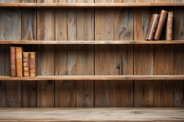 Empty wooden bookshelf with a few vintage books, ideal stock photo for library, home decor, or rustic-themed projects.