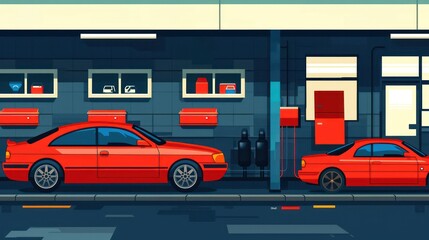 Fototapeta premium Illustrated red cars parked at an auto repair shop at night time
