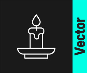 White line Burning candle icon isolated on black background. Cylindrical aromatic candle stick with burning flame. Happy Halloween party. Vector