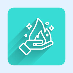 White line Hand holding a fire icon isolated with long shadow background. Green square button. Vector