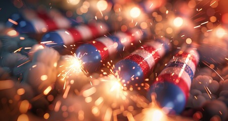 Patriotic fireworks display with red, white, and blue fireworks against American flag background