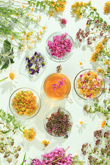 Floral arrangement of wild medicinal herbs and flowers on a wooden table, cups of tea from Hypericum, oregano, fireweed, mint, celandine, chamomile and yarrow, collection of useful herbs for treatment