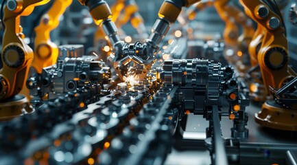Robotic arms working in a factory, performing complex automated tasks on a production line