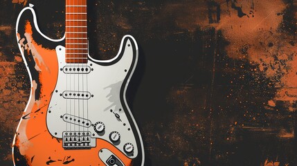 Orange electric guitar on abstract grunge background illustration.