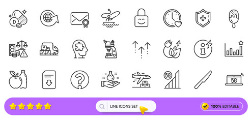 Power info, Fraud and Question mark line icons for web app. Pack of Microscope, Download file, Delivery truck pictogram icons. Medical shield, Mental conundrum, Dating signs. World globe. Vector