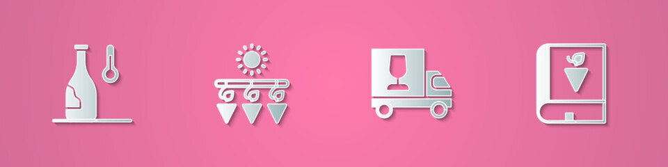 Set paper cut Wine temperature, Drying grapes, truck and Book about icon. Paper art style. Vector