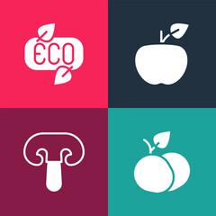 Set pop art Mango fruit, Mushroom, Apple and Leaf Eco symbol icon. Vector