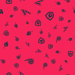 Set Fire hose reel, Burning match with fire and protection shield on seamless pattern. Vector