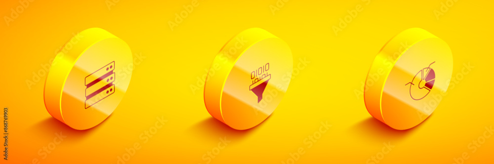 Poster set isometric server, binary code and pie chart infographic icon. vector