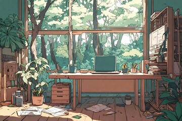 Lofi empty interior. Messy desk, window view of a forest, jungle. Anime, manga style. Colorful study lo-fi desk.