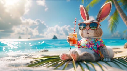 A funny 3d character rabbit in sunglasses and colorful tshirt lies on a palm leaf wearing sunglasses and enjoys a cold cocktail from a straw.. Cute bunny with cocktail on the beach.
