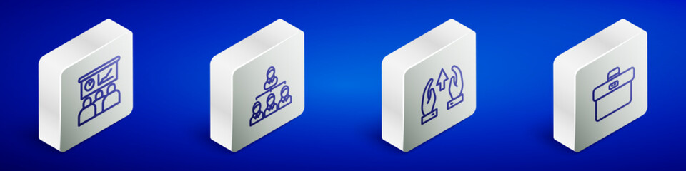 Set Isometric line Training, presentation, Hierarchy organogram chart, Growth and progress and Briefcase icon. Vector