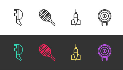 Set line Fencing helmet mask, Tennis racket, Dart arrow and Target sport on black and white. Vector