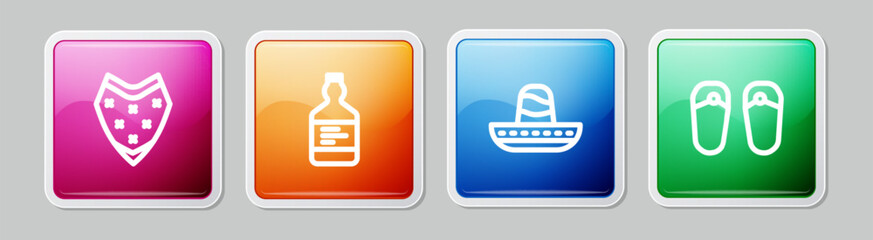 Set line Poncho, Tequila bottle, Mexican sombrero and Flip flops. Colorful square button. Vector