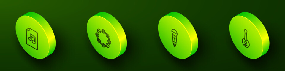 Set Isometric line Music book with note, Tambourine, Microphone and Banjo icon. Vector