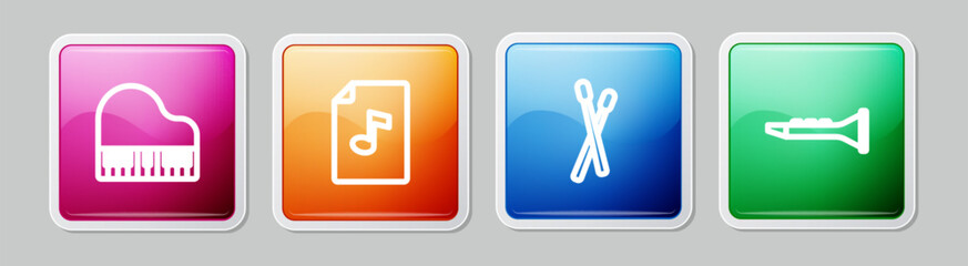 Set line Grand piano, Music book with note, Drum sticks and Clarinet. Colorful square button. Vector