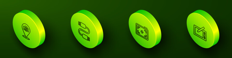Set Isometric line Photo camera, USB cable cord, and Graphic tablet icon. Vector